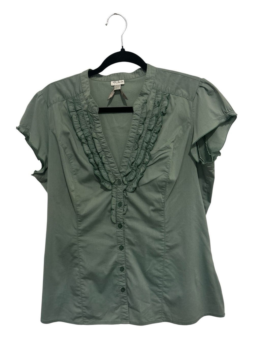 VTG Dynamite Sage Green Ruffled V-Neck Blouse